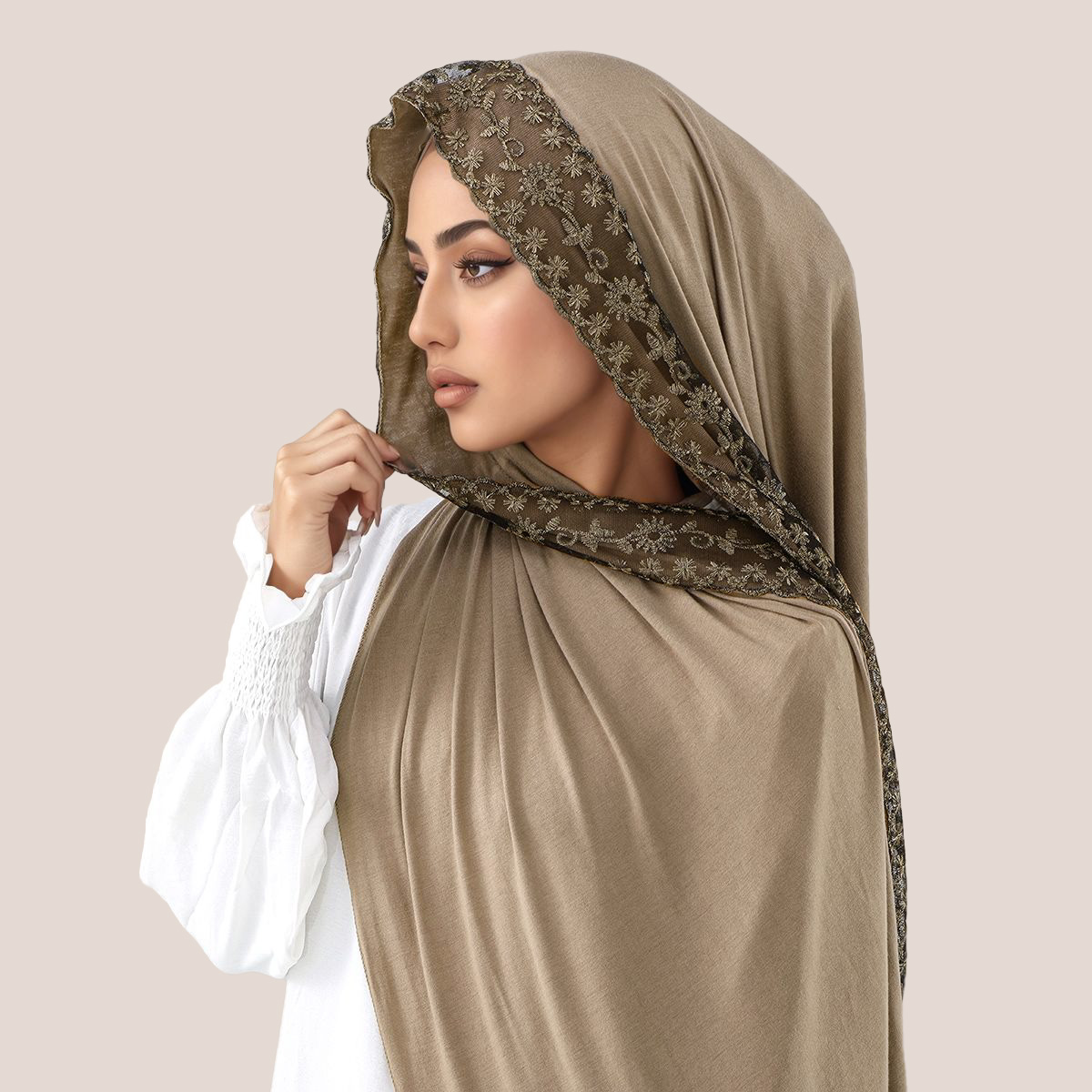 Embroidery Shawl - الدانتيل والتطريز القطن جيرسي مسلم الحجاب